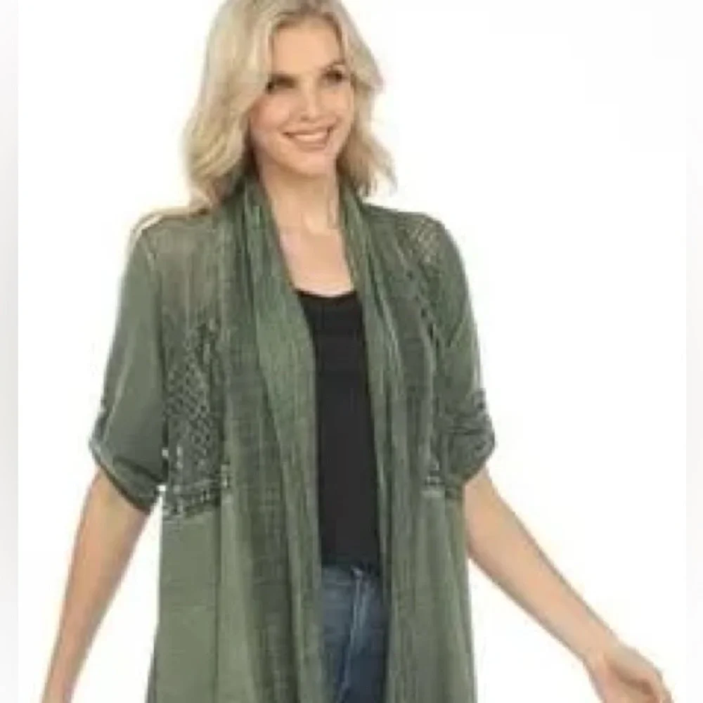 Simply Couture Sage Green Tab Sleeve Knit Lace Peacock Open Cardigan - Picture 1 of 10